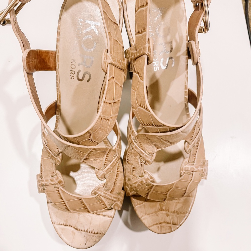 Tan Michael Kors crocodile print sandals with a heel